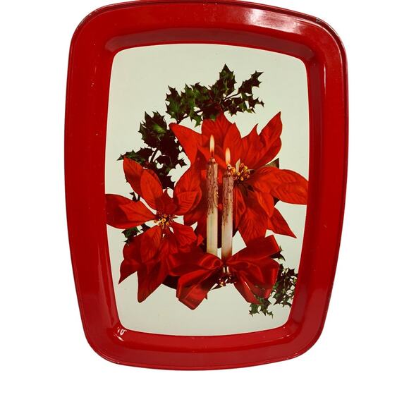 Vintage Holiday Christmas Metal Serving Tray 15 x 11 Inch Poinsettia Candle - Picture 2 of 8